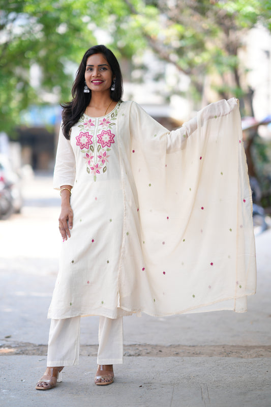 White Color Mul Cotton 3 Piece Set With Embroidery Work and Complete Lining