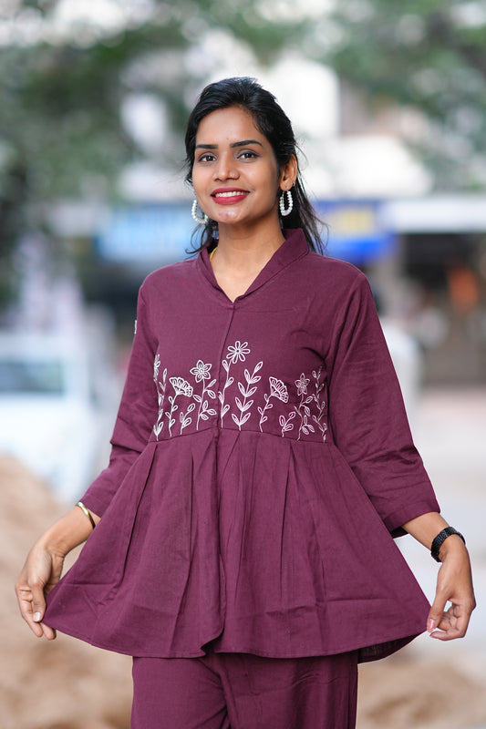 Wine Color Thread Embriodary Office Wear Cordset