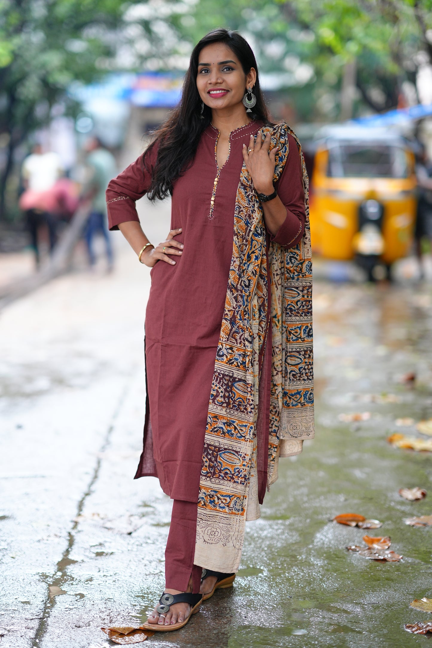 Brown Color Pure Jaipur Cotton Chinese Collar Straight Cut With Kalamkari Dupatta