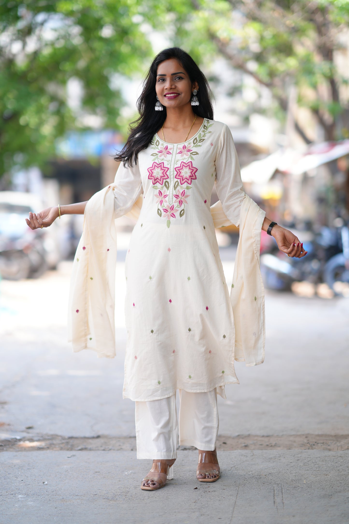 White Color Mul Cotton 3 Piece Set With Embroidery Work and Complete Lining