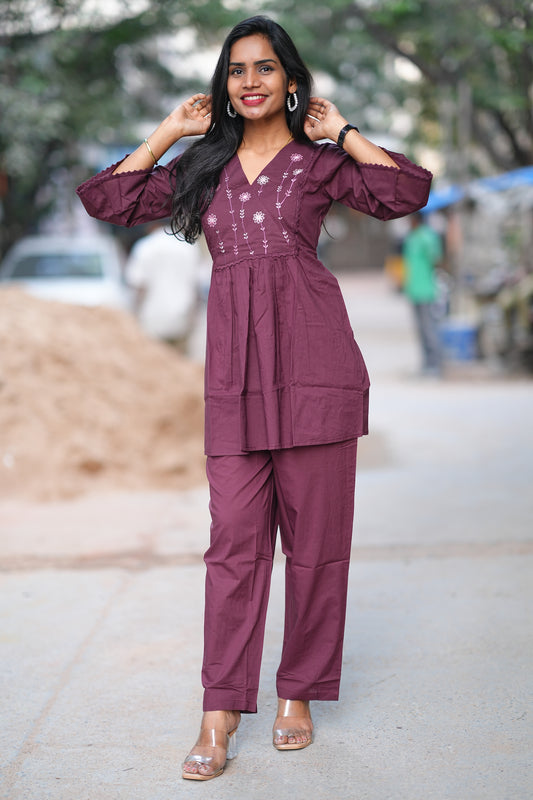Wine Color Jaipur Cotton Office Wear Cordset With Embrriodary Work