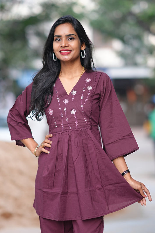 Wine Color Jaipur Cotton Office Wear Cordset With Embrriodary Work