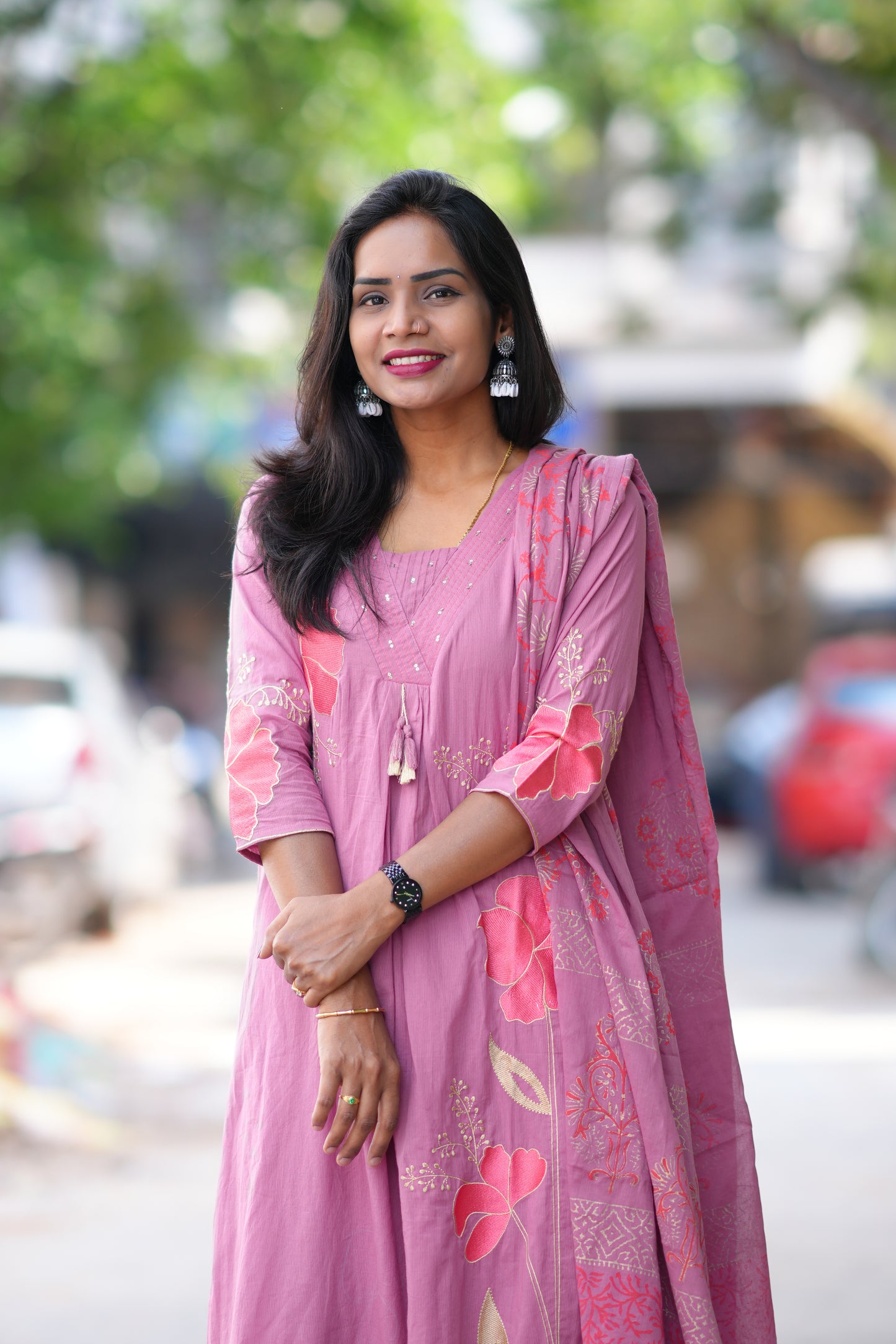 Onion Pink Color Jaipur Cotton 3 Piece Set With Applique Work
