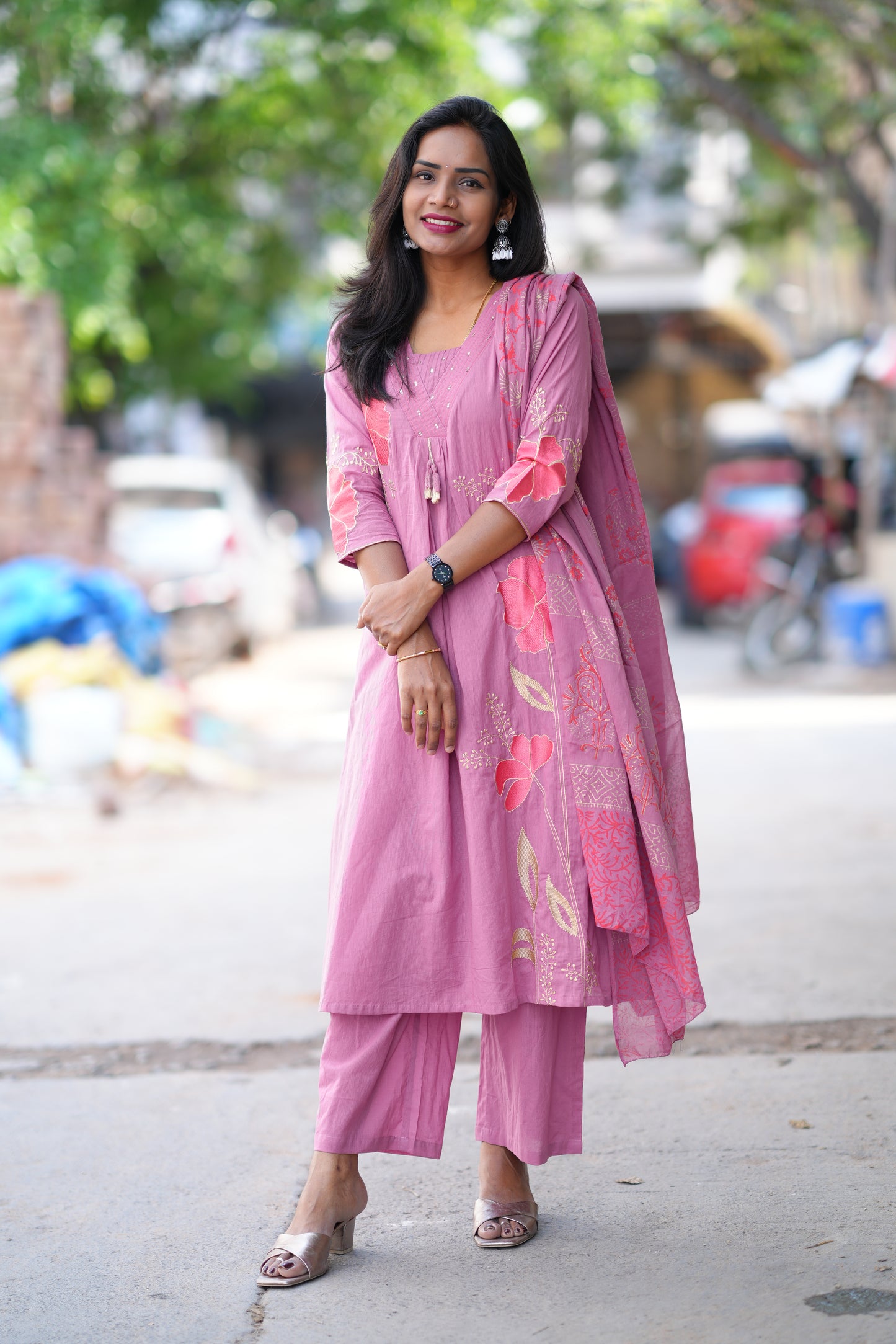 Onion Pink Color Jaipur Cotton 3 Piece Set With Applique Work