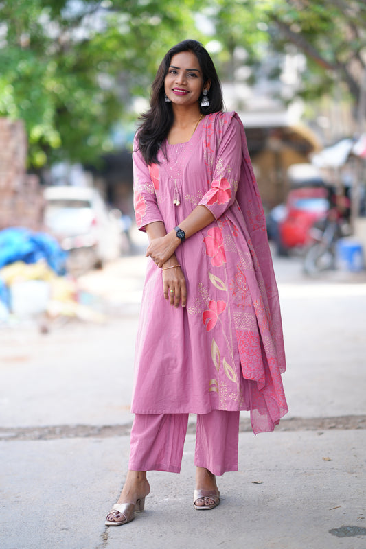 Onion Pink Color Jaipur Cotton 3 Piece Set With Applique Work