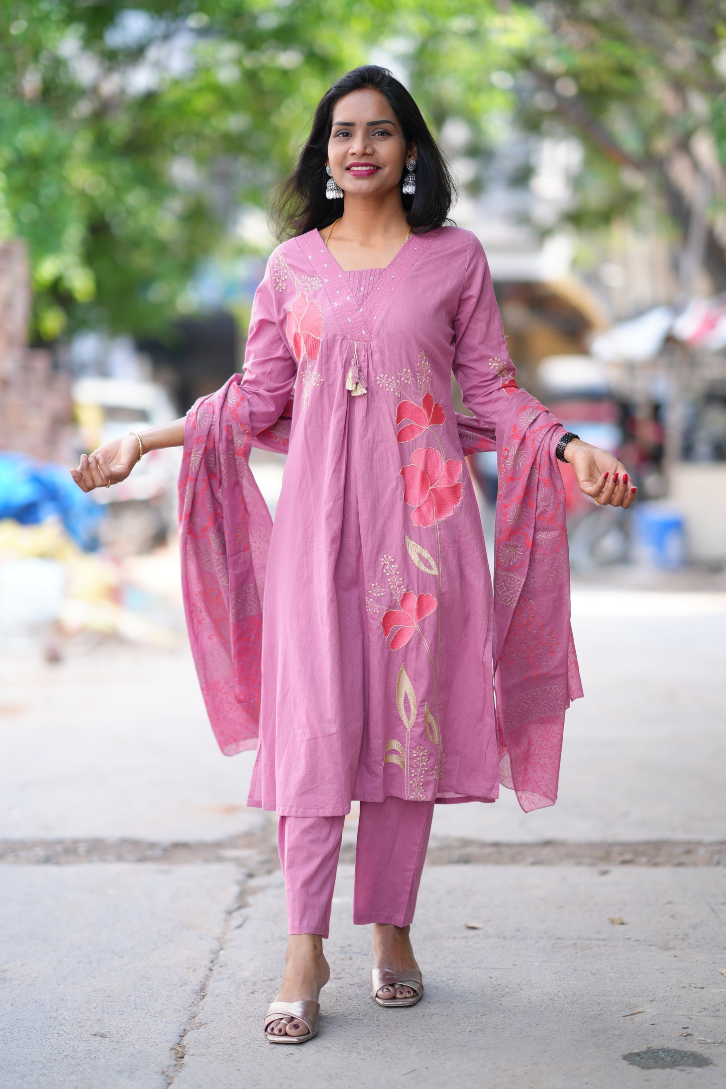 Onion Pink Color Jaipur Cotton 3 Piece Set With Applique Work