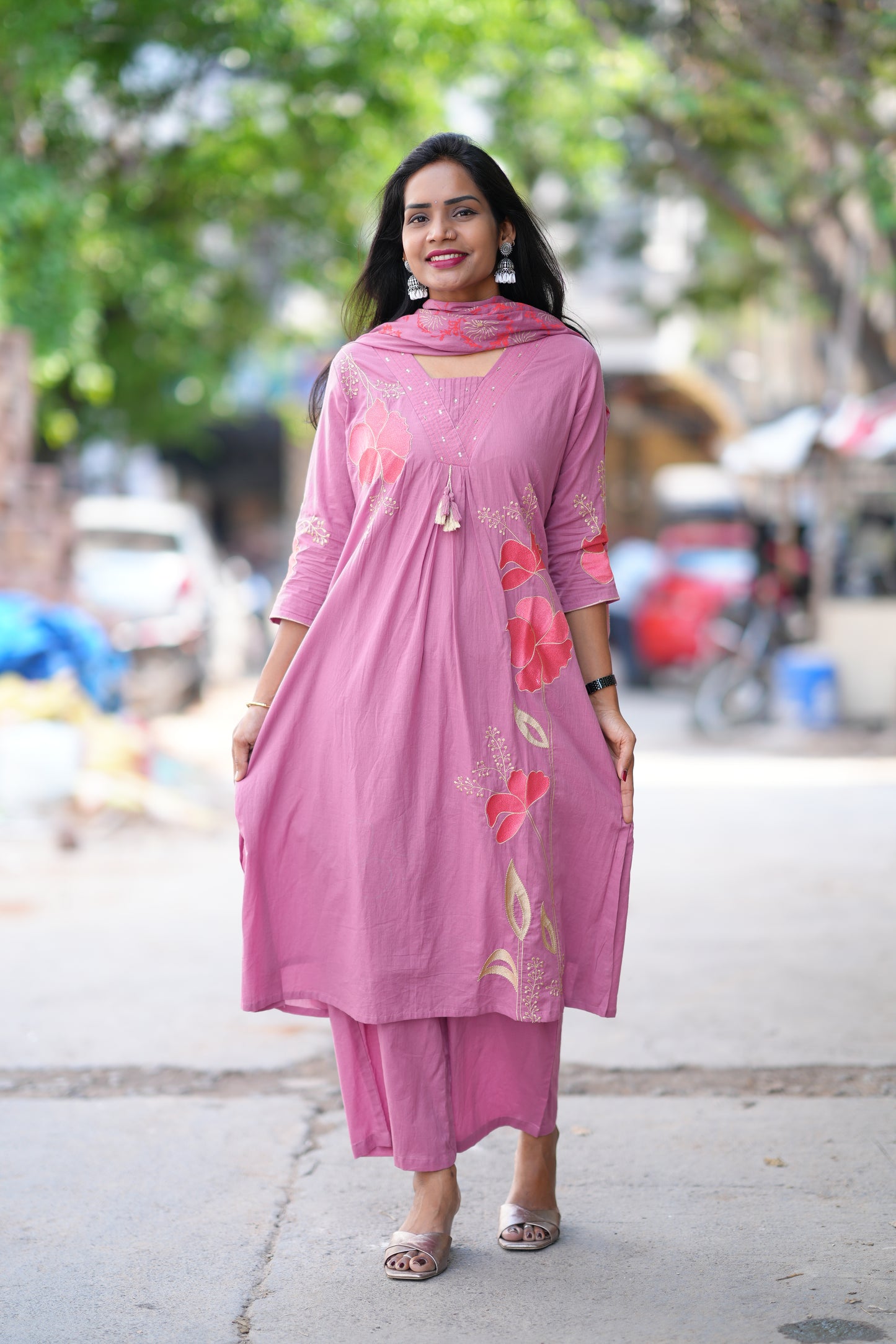 Onion Pink Color Jaipur Cotton 3 Piece Set With Applique Work