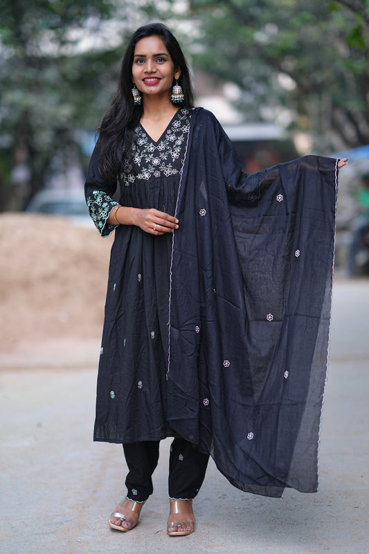 Black Color Jaipur Cotton 3 Piece Set With Embroidery work and Complete Lining