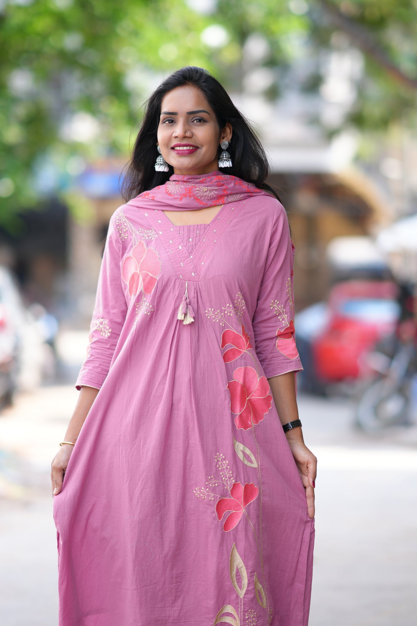 Onion Pink Color Jaipur Cotton 3 Piece Set With Applique Work