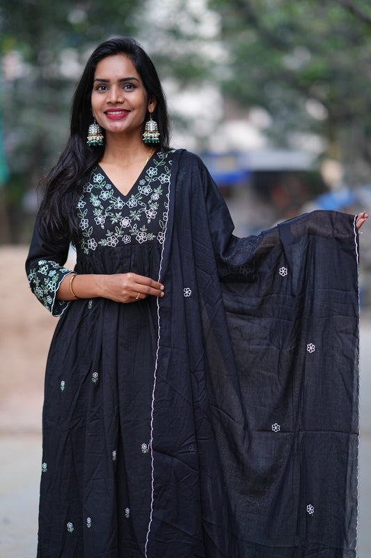 Black Color Jaipur Cotton 3 Piece Set With Embroidery work and Complete Lining