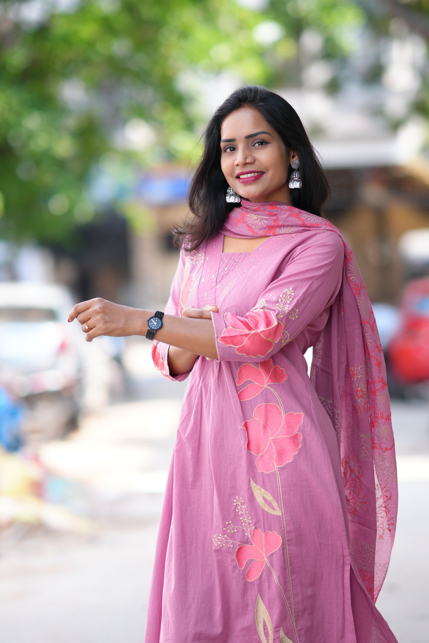 Onion Pink Color Jaipur Cotton 3 Piece Set With Applique Work