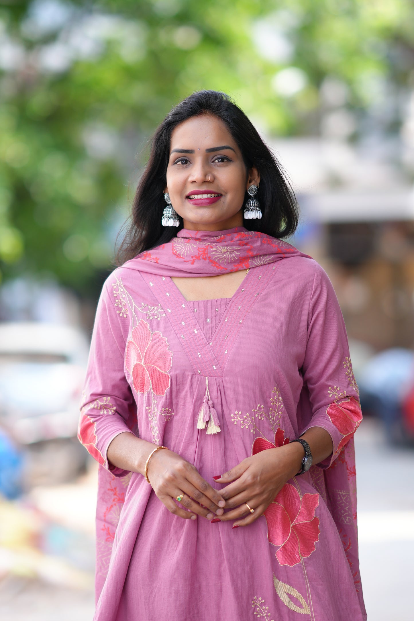 Onion Pink Color Jaipur Cotton 3 Piece Set With Applique Work