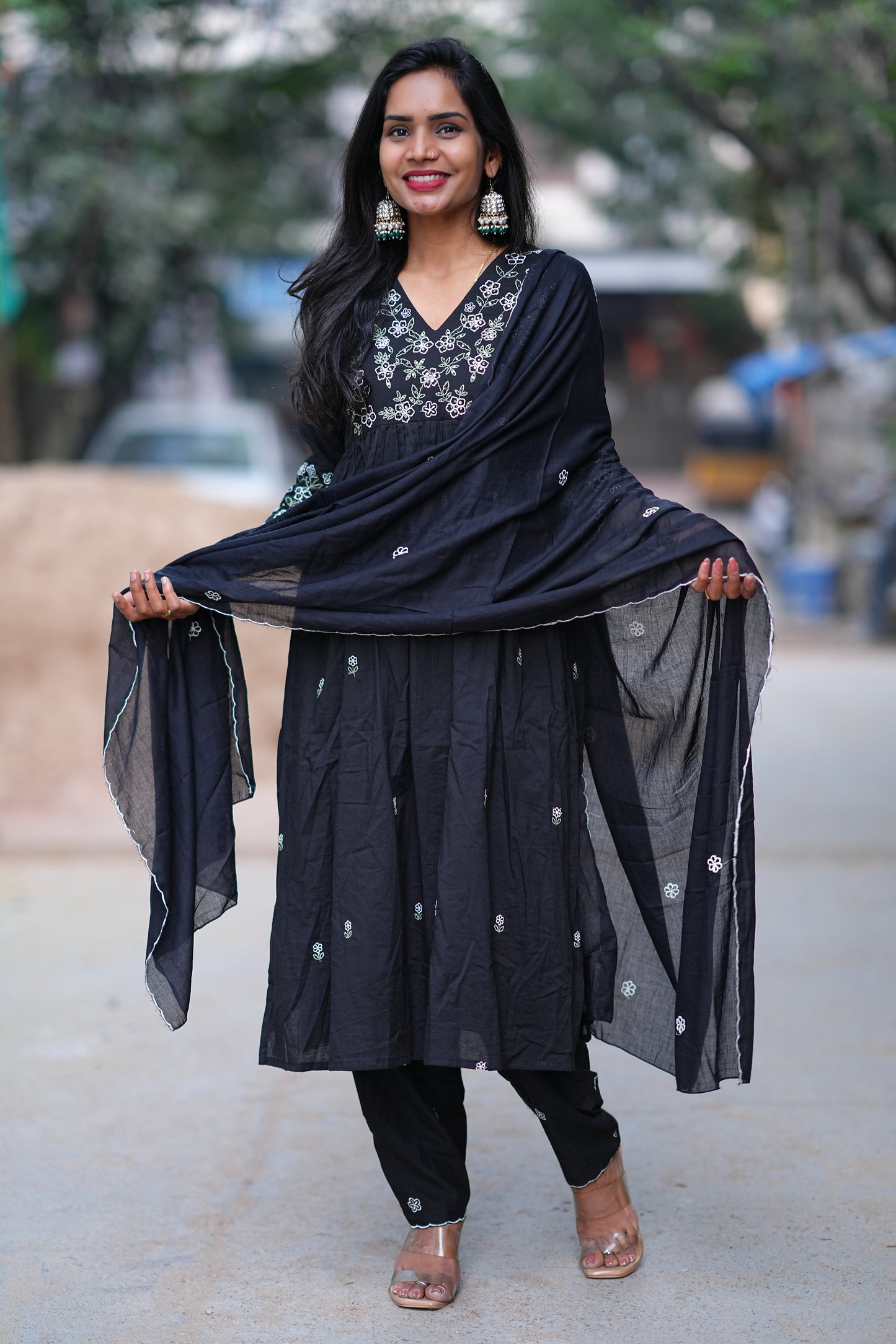 Black Color Jaipur Cotton 3 Piece Set With Embroidery work and Complete Lining