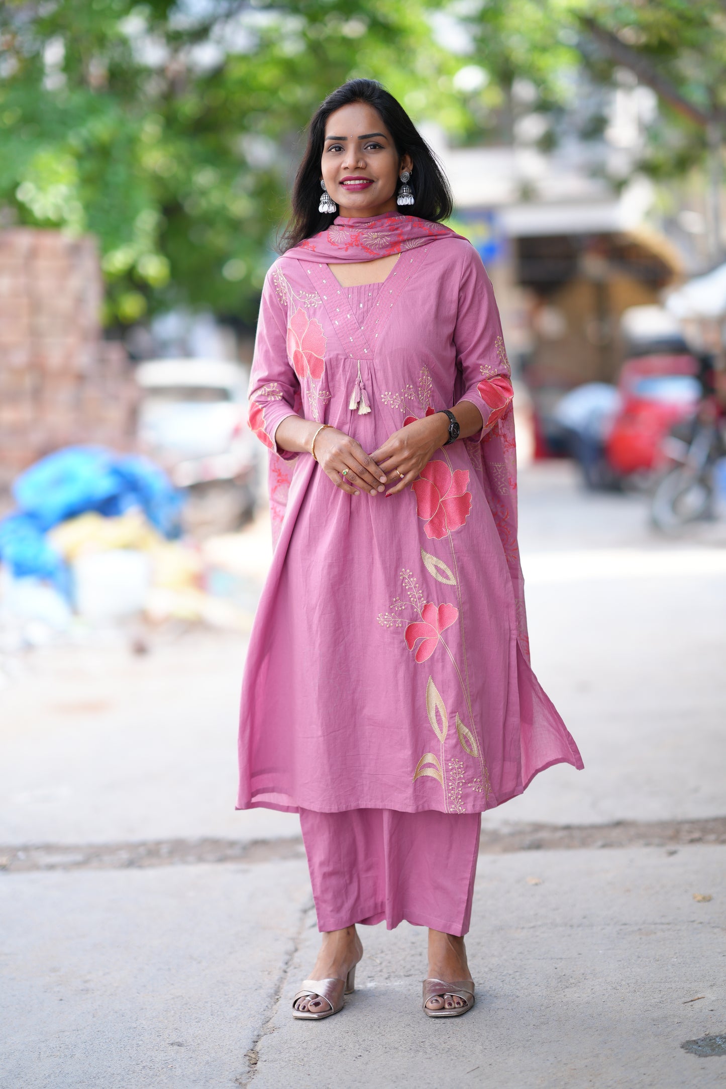 Onion Pink Color Jaipur Cotton 3 Piece Set With Applique Work