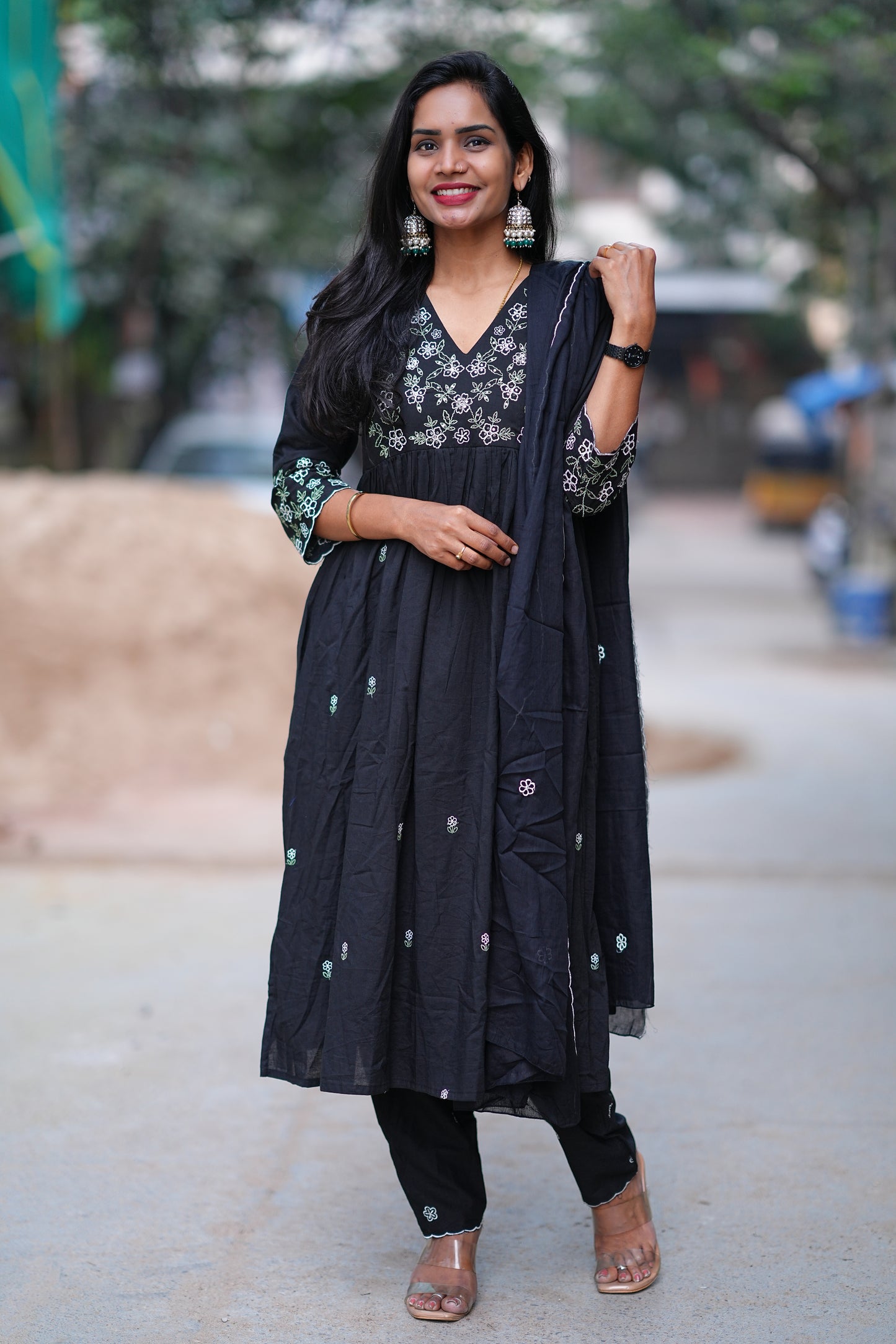 Black Color Jaipur Cotton 3 Piece Set With Embroidery work and Complete Lining