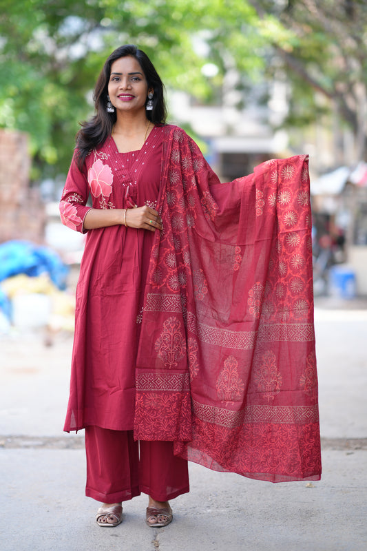 Red Color Jaipur Cotton 3 Piece Set With Applique Work