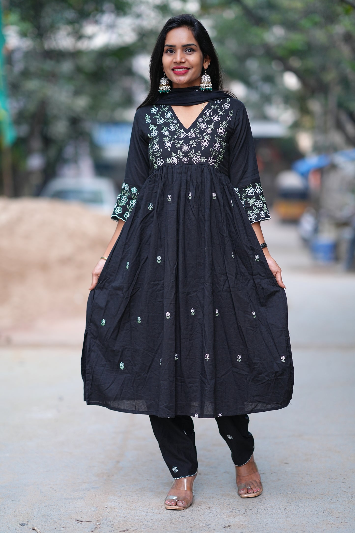 Black Color Jaipur Cotton 3 Piece Set With Embroidery and Complete Lining