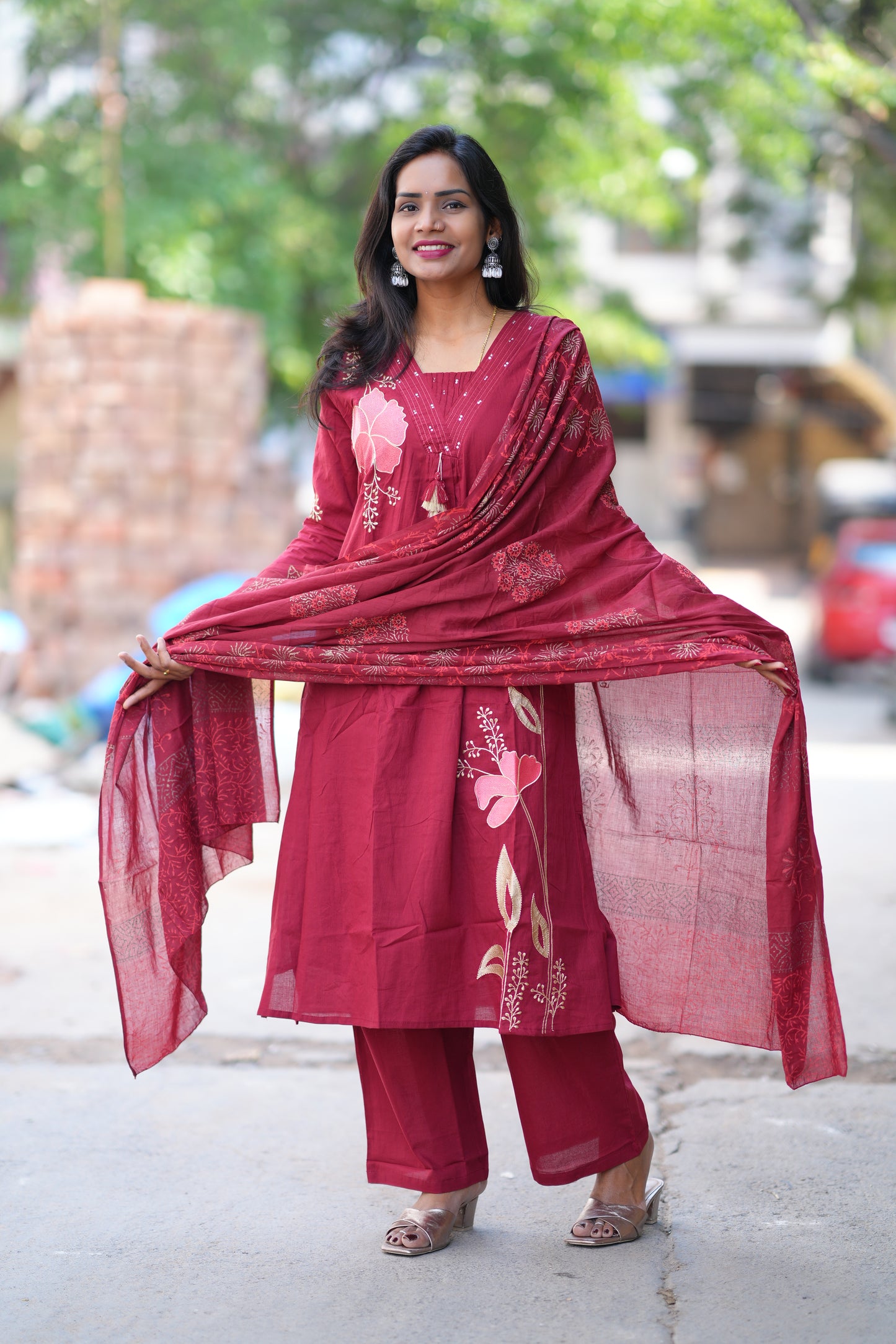 Red Color Jaipur Cotton 3 Piece Set With Applique Work