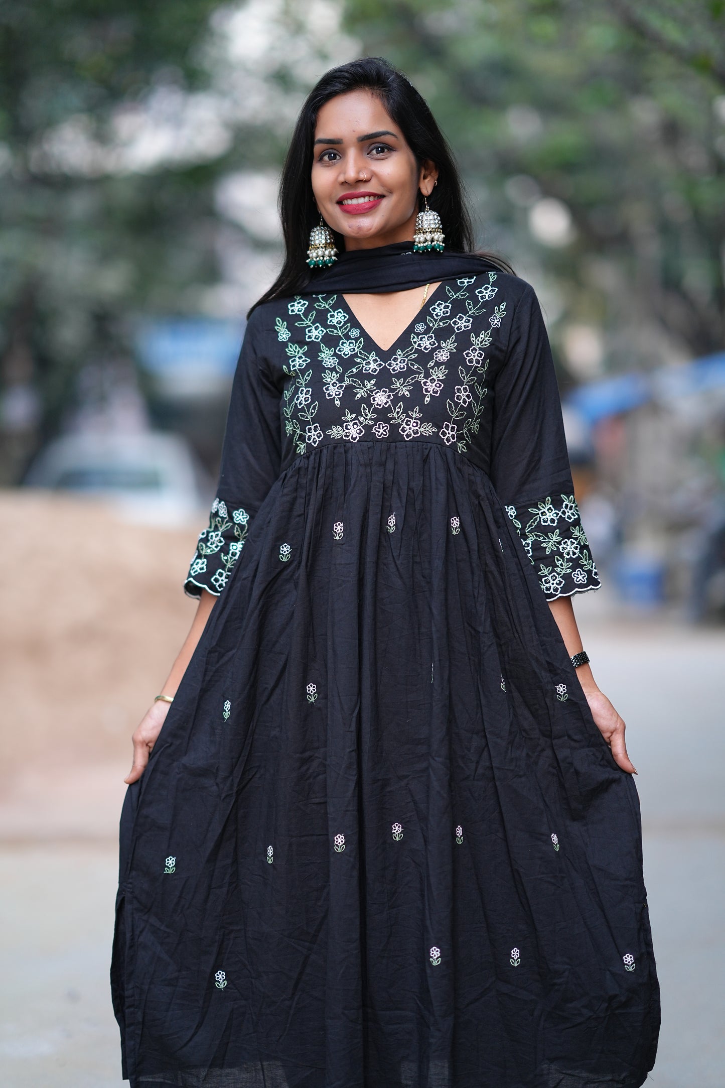 Black Color Jaipur Cotton 3 Piece Set With Embroidery work and Complete Lining