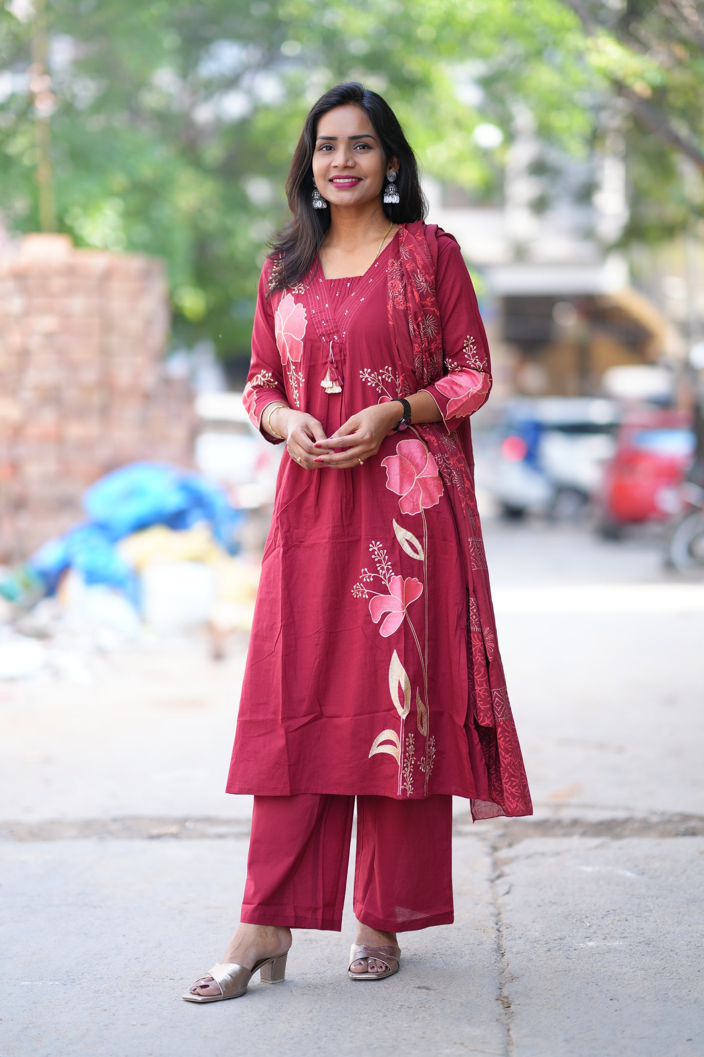 Red Color Jaipur Cotton 3 Piece Set With Applique Work