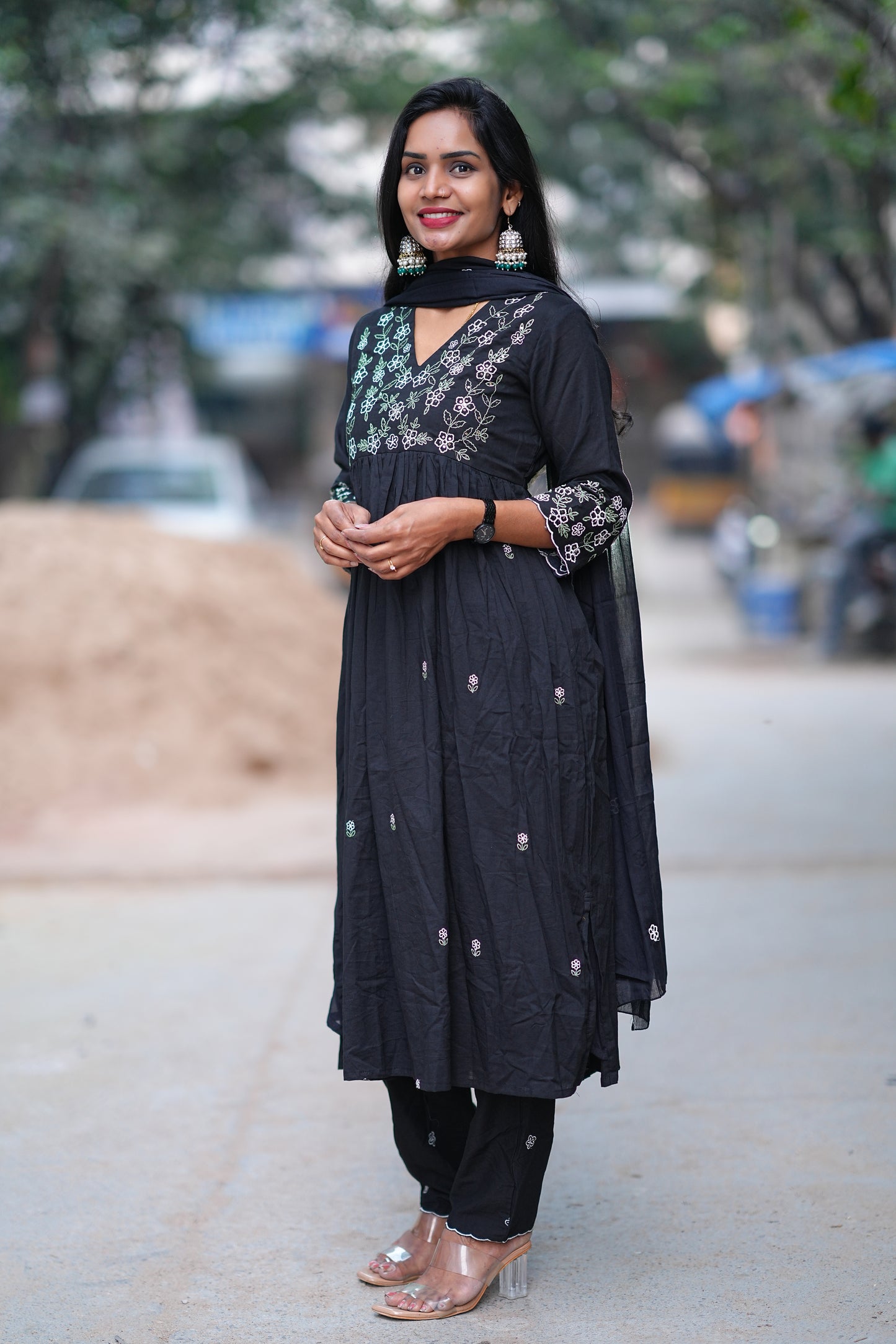 Black Color Jaipur Cotton 3 Piece Set With Embroidery work and Complete Lining