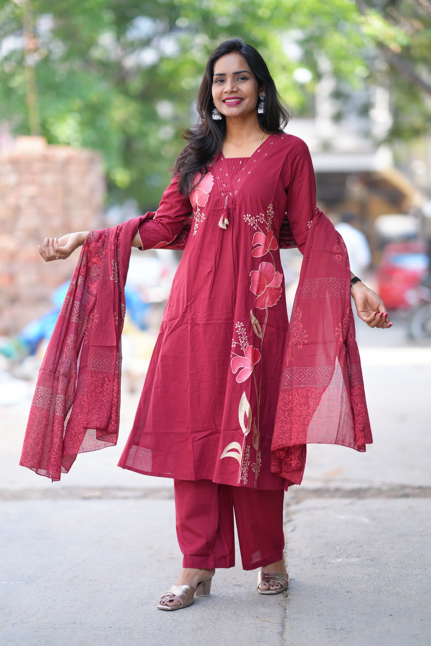 Red Color Jaipur Cotton 3 Piece Set With Applique Work