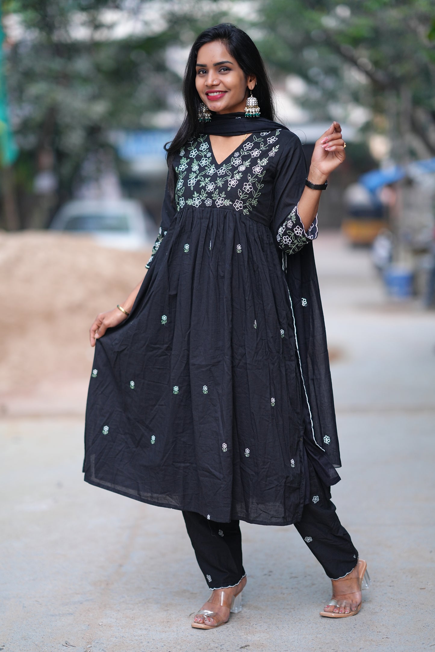 Black Color Jaipur Cotton 3 Piece Set With Embroidery and Complete Lining