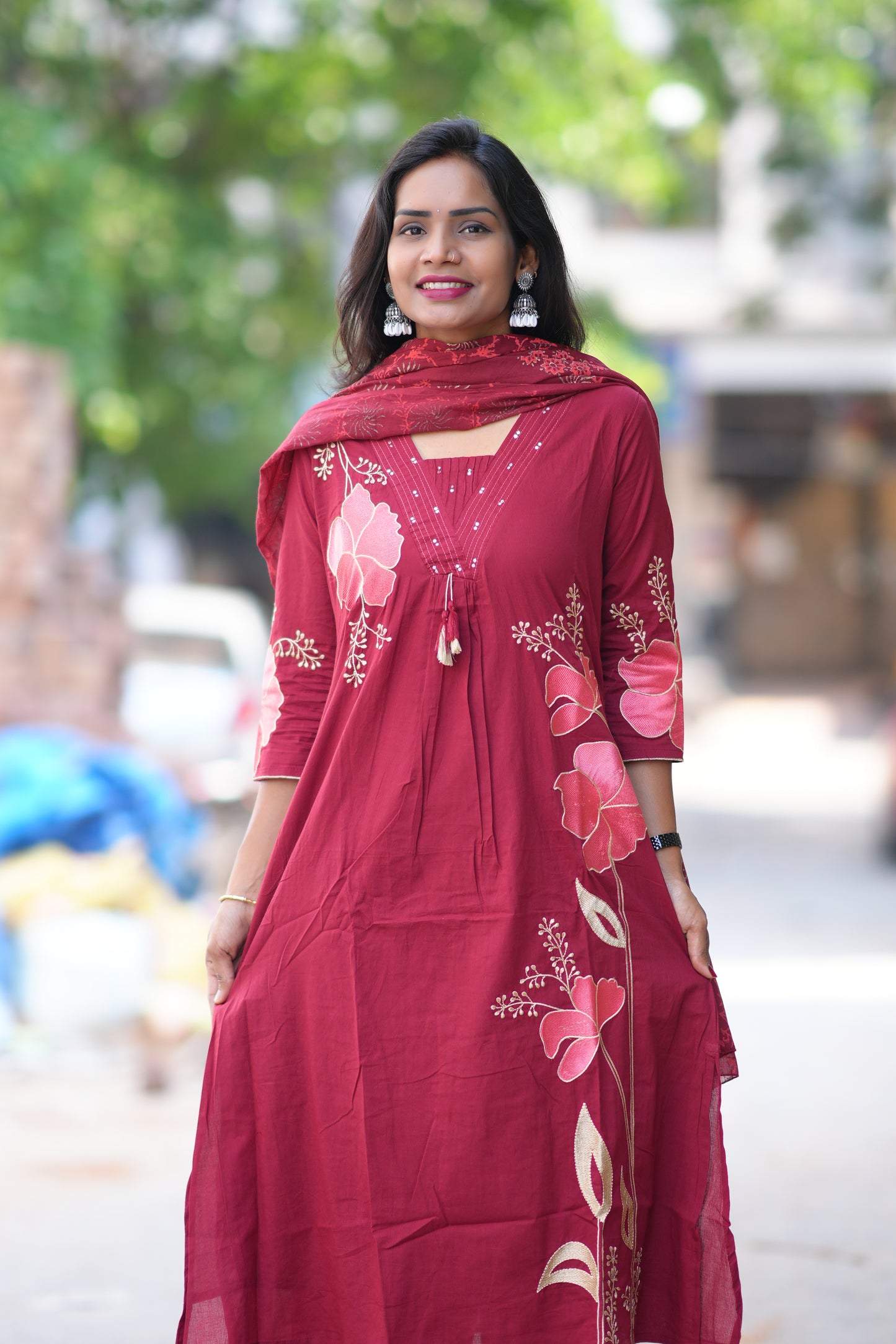 Red Color Jaipur Cotton 3 Piece Set With Applique Work
