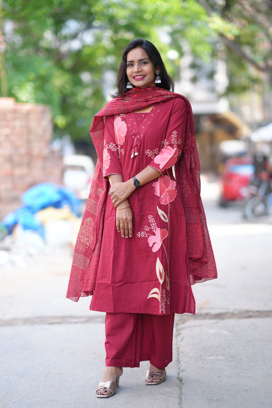 Red Color Jaipur Cotton 3 Piece Set With Applique Work