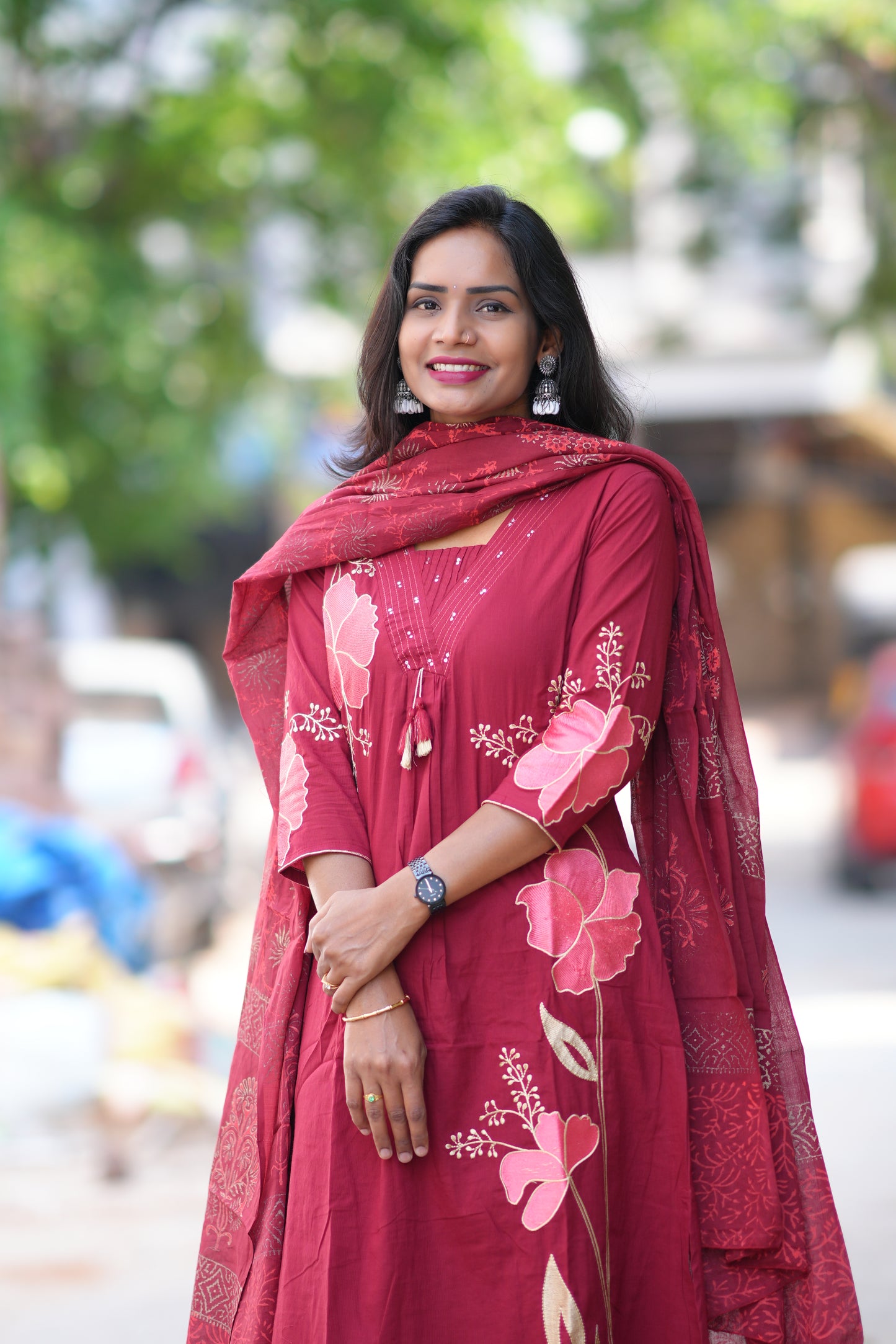 Red Color Jaipur Cotton 3 Piece Set With Applique Work
