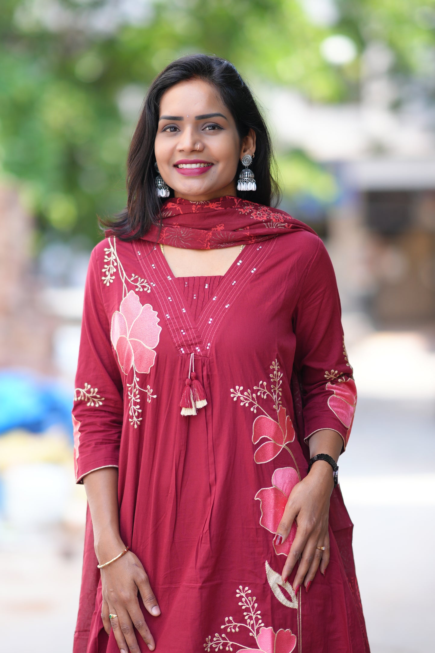 Red Color Jaipur Cotton 3 Piece Set With Applique Work
