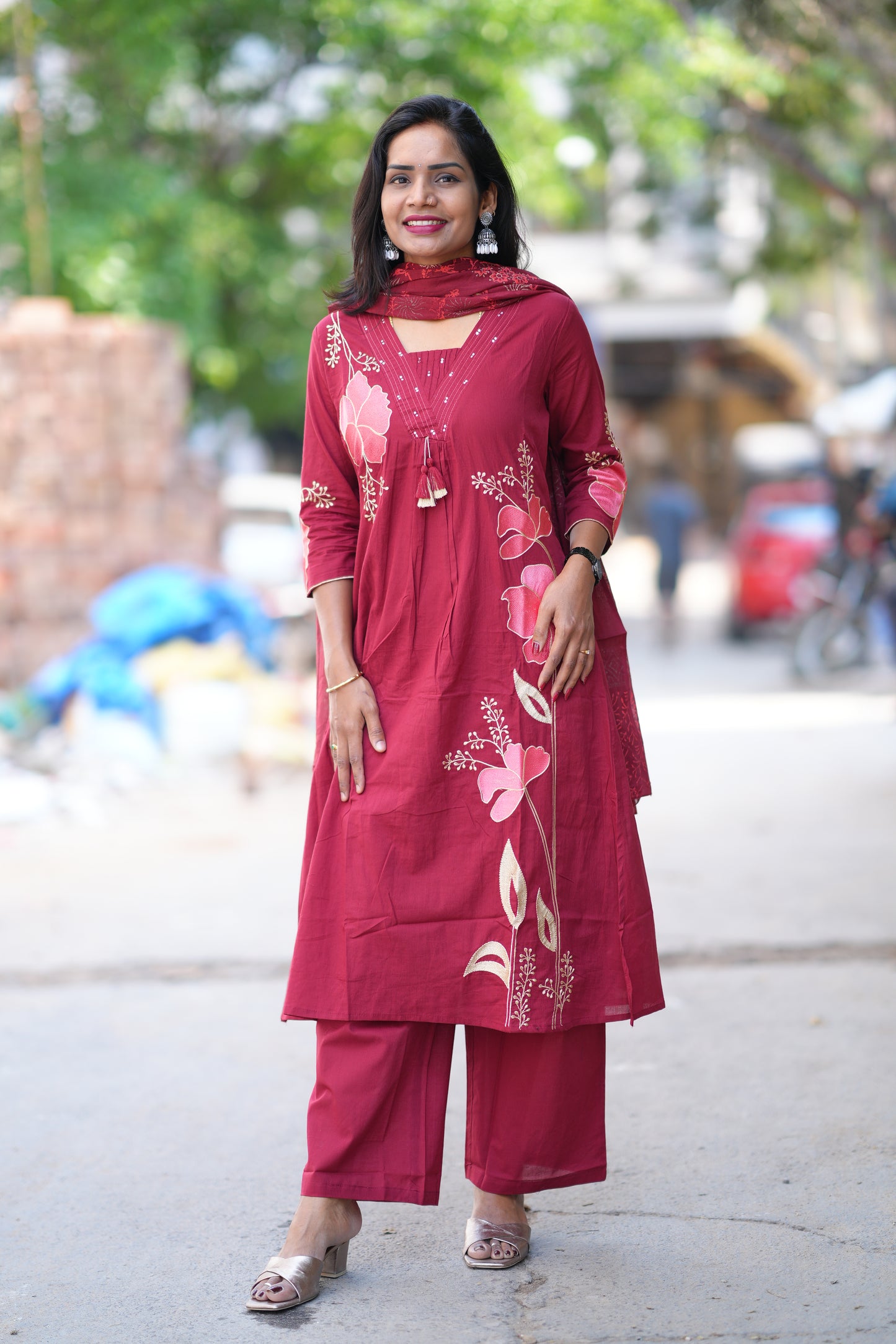 Red Color Jaipur Cotton 3 Piece Set With Applique Work