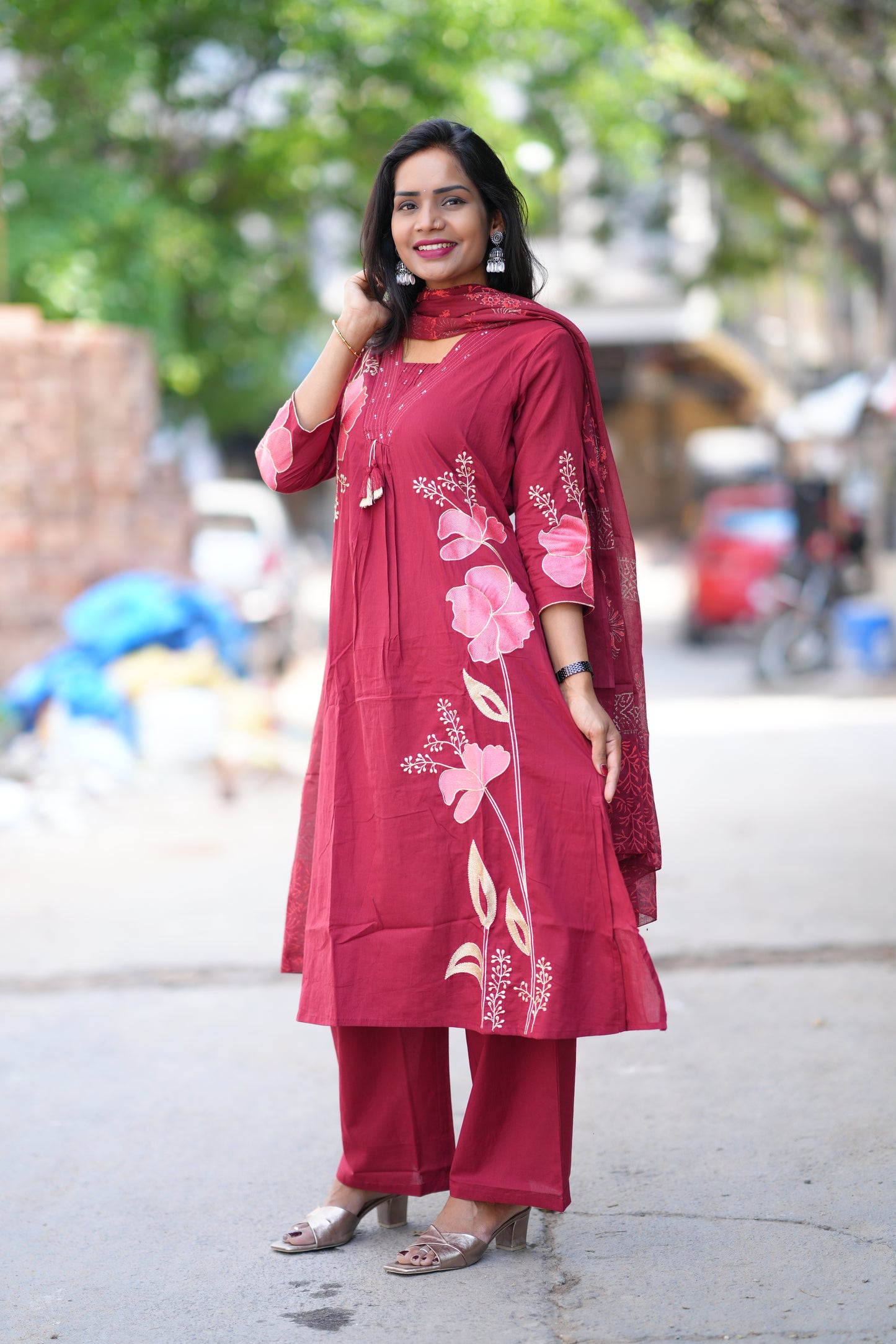 Red Color Jaipur Cotton 3 Piece Set With Applique Work