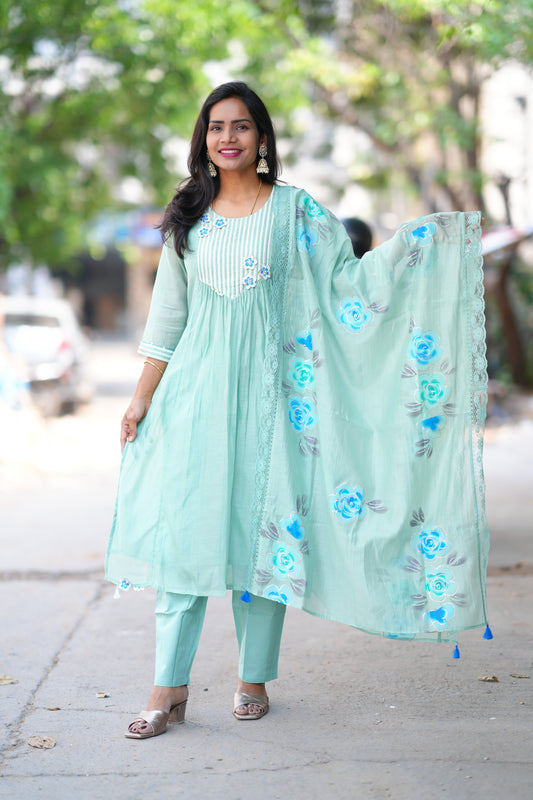 Mint Green Color viscose Fabric Party Wear 3 Piece Set with Heavy Dupatta