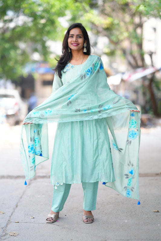 Mint Green Color viscose Fabric Party Wear 3 Piece Set with Heavy Dupatta