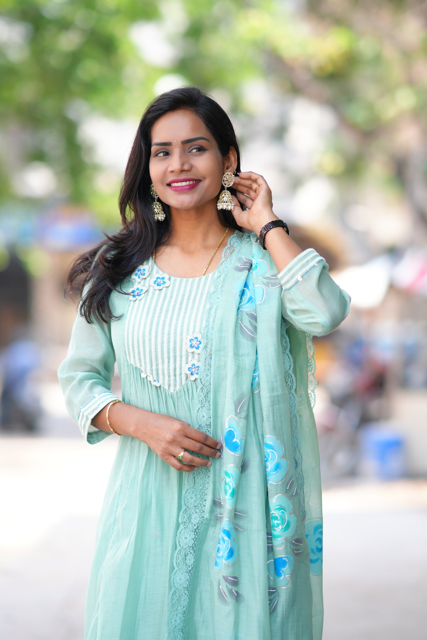 Mint Green Color viscose Fabric Party Wear 3 Piece Set with Heavy Dupatta