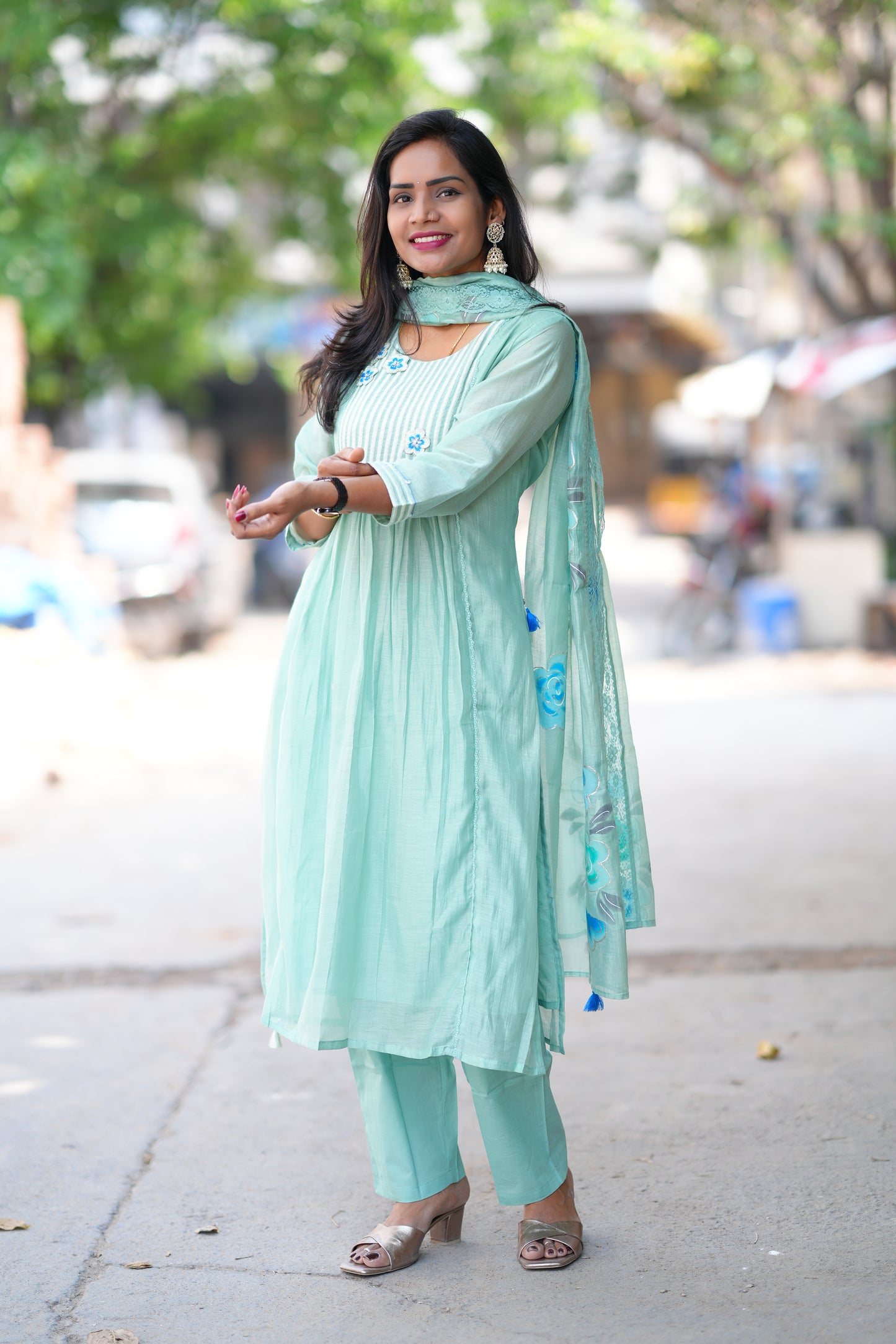Mint Green Color viscose Fabric Party Wear 3 Piece Set with Heavy Dupatta