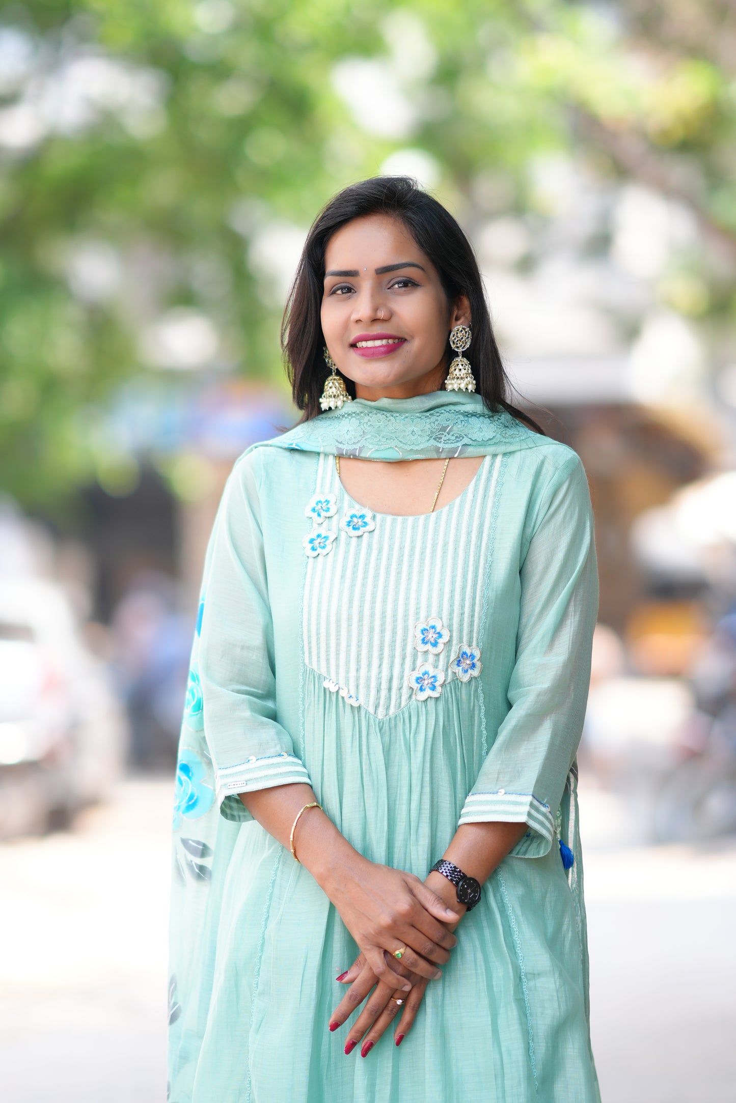 Mint Green Color viscose Fabric Party Wear 3 Piece Set with Heavy Dupatta