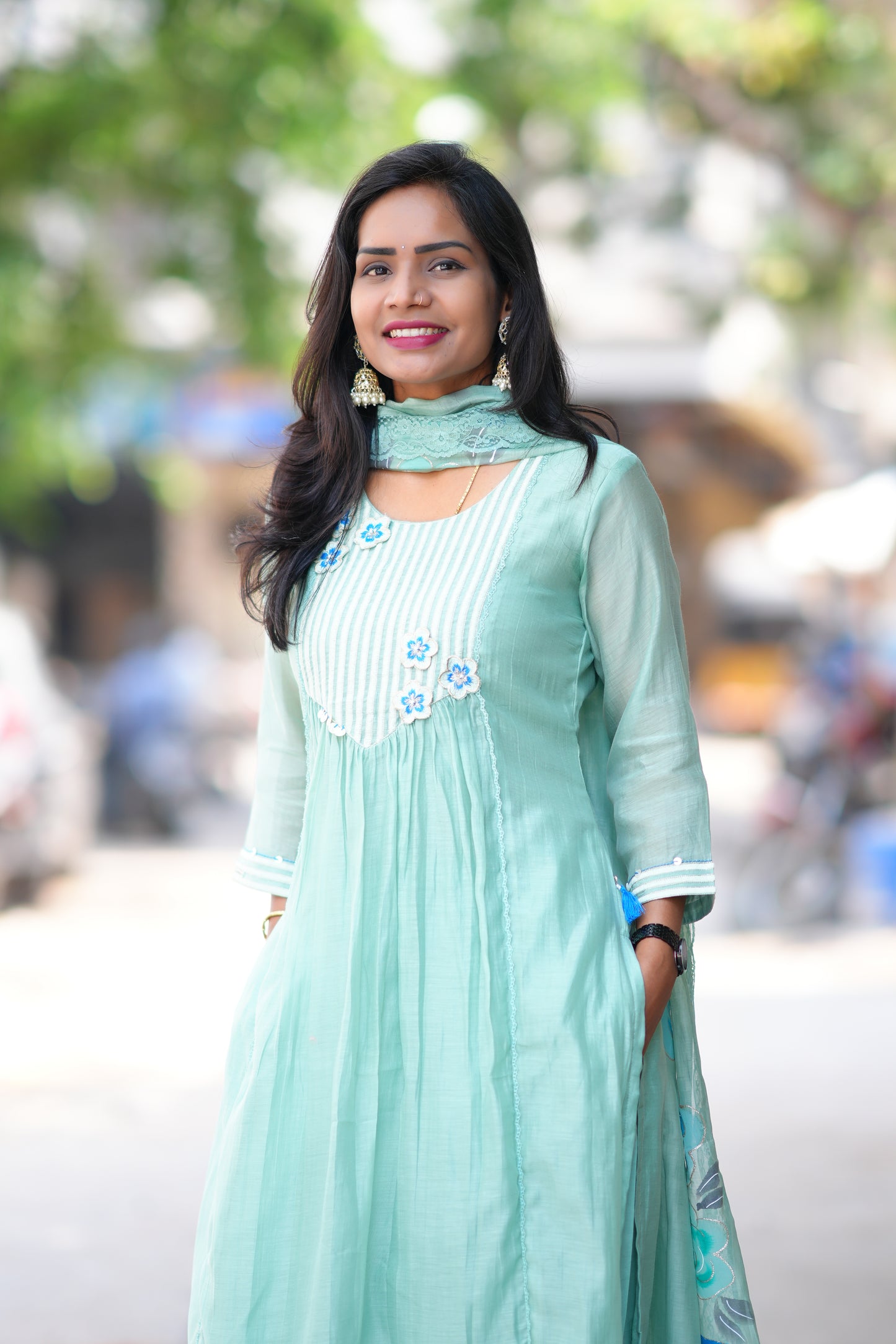 Mint Green Color viscose Fabric Party Wear 3 Piece Set with Heavy Dupatta