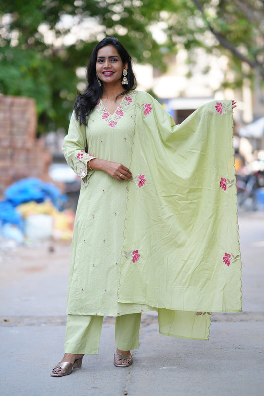 Pista Green Color Mul Cotton Party Wear 3 Piece Set