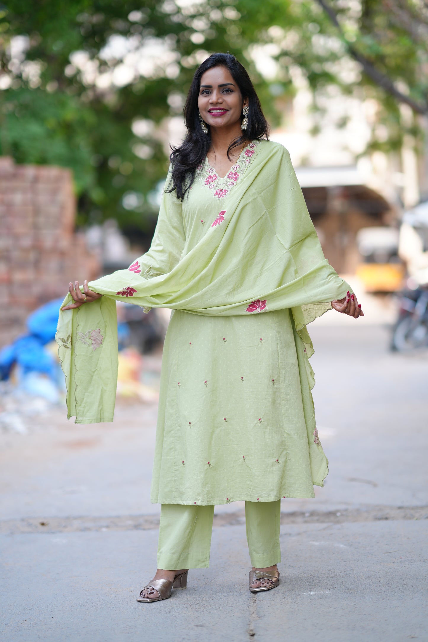 Pista Green Color Mul Cotton Party Wear 3 Piece Set