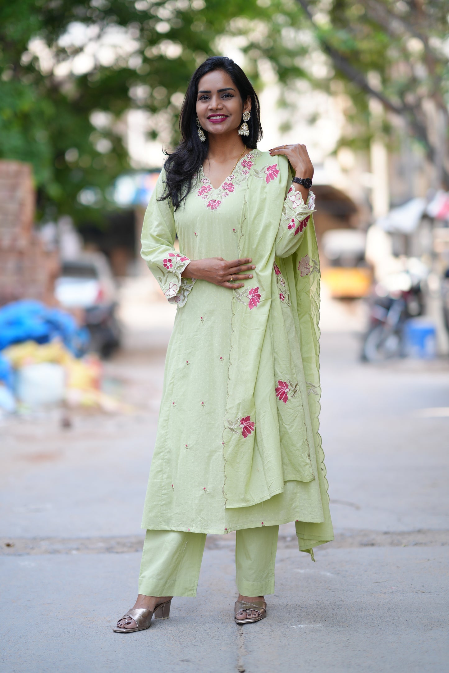 Pista Green Color Mul Cotton Party Wear 3 Piece Set