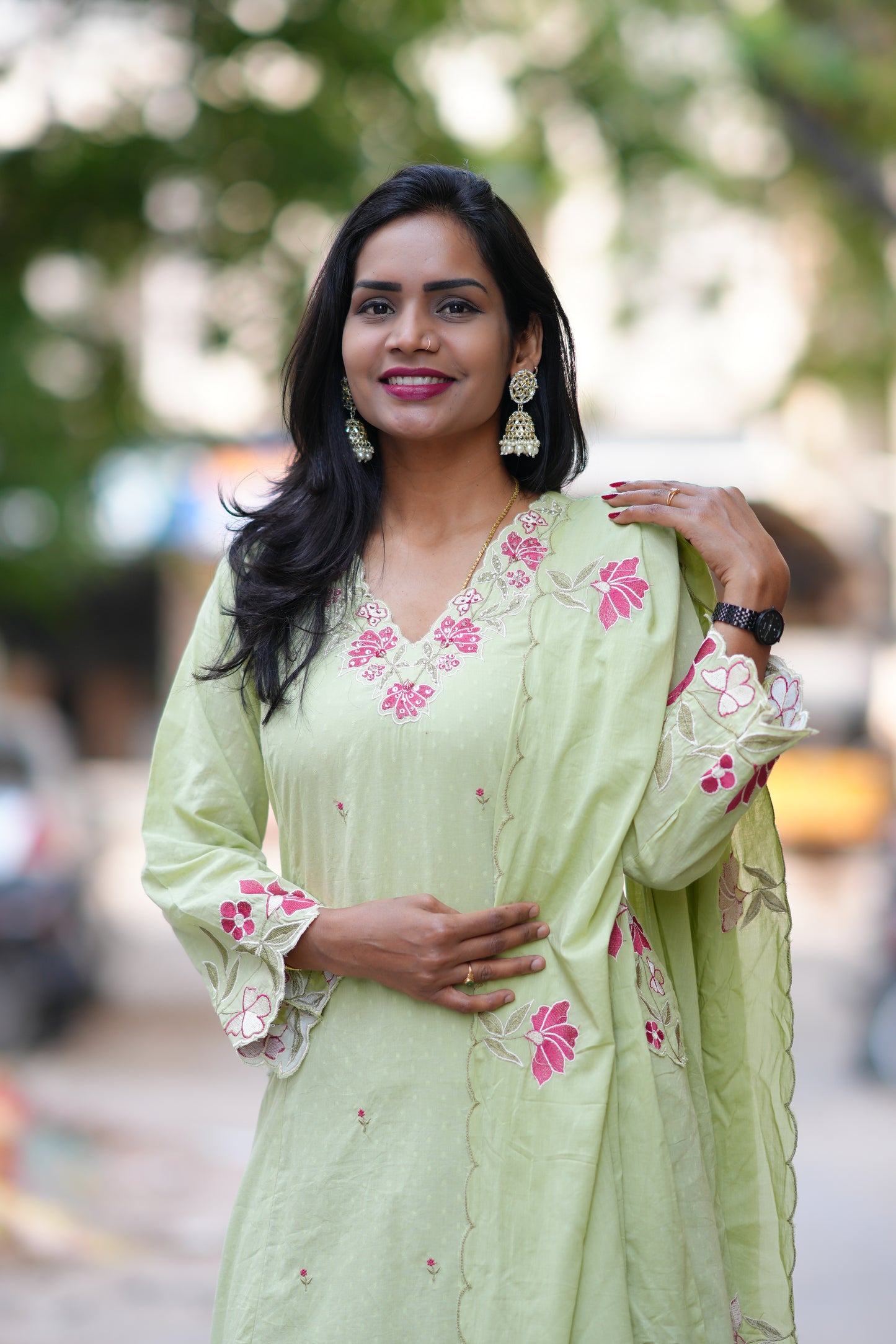 Pista Green Color Mul Cotton Party Wear 3 Piece Set