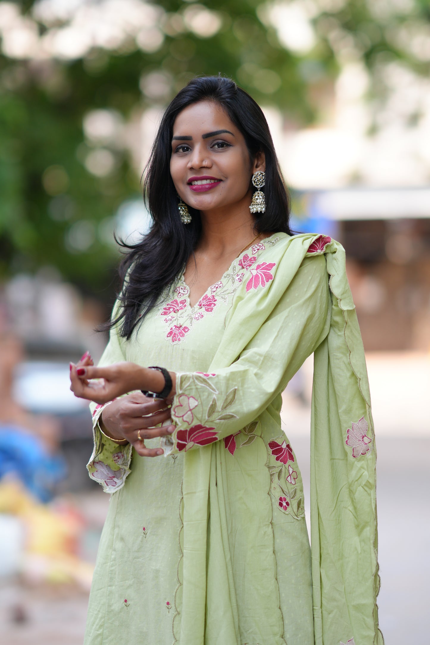 Pista Green Color Mul Cotton Party Wear 3 Piece Set