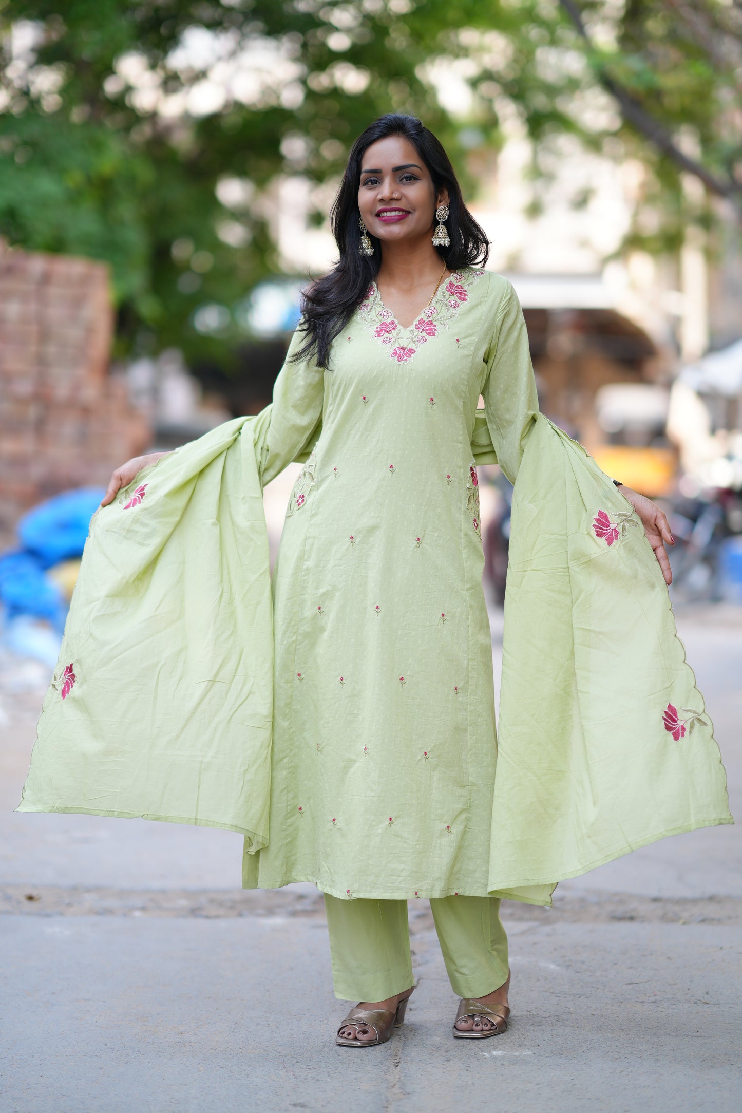 Pista Green Color Mul Cotton Party Wear 3 Piece Set
