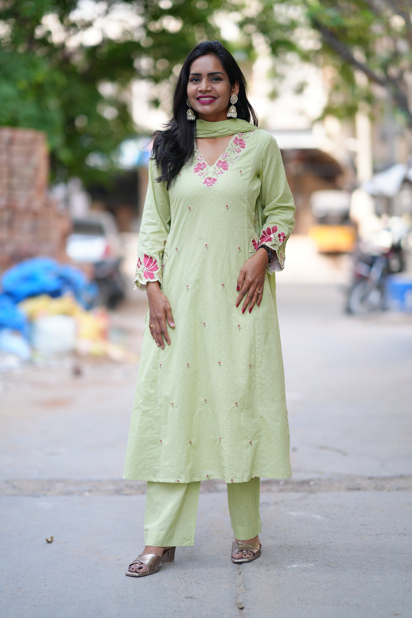 Pista Green Color Mul Cotton Party Wear 3 Piece Set