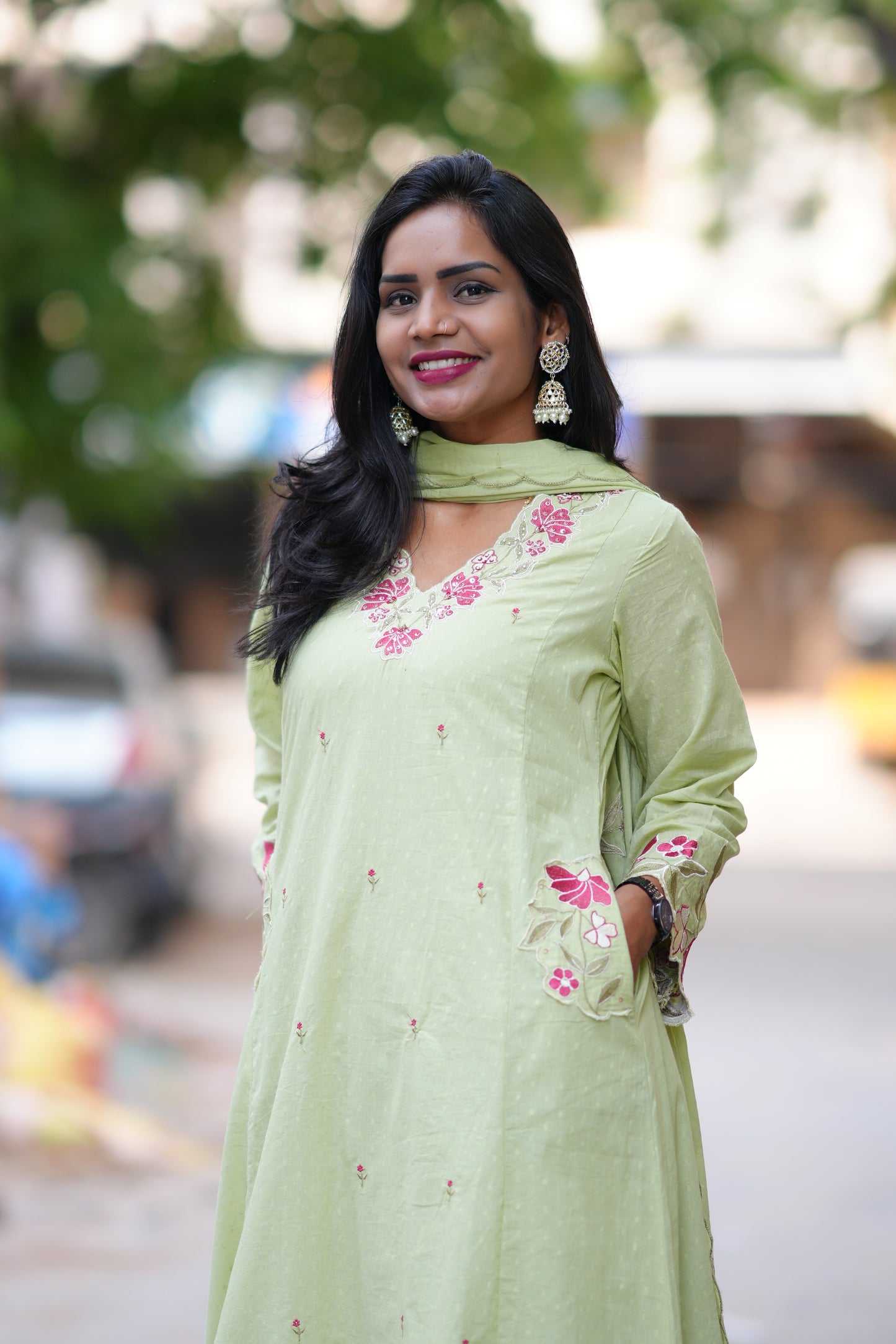 Pista Green Color Mul Cotton Party Wear 3 Piece Set