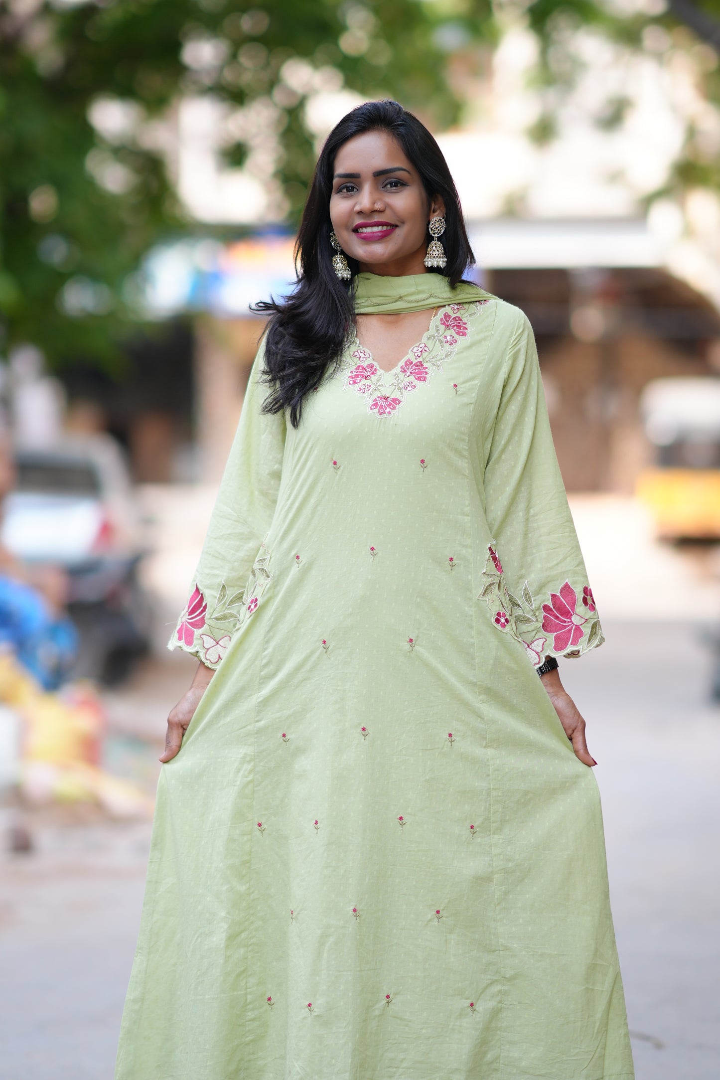 Pista Green Color Mul Cotton Party Wear 3 Piece Set