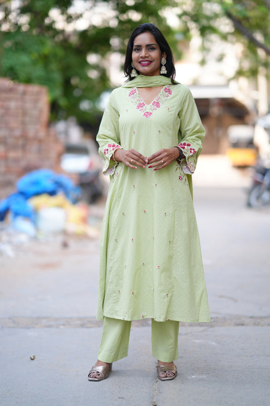 Pista Green Color Mul Cotton Party Wear 3 Piece Set