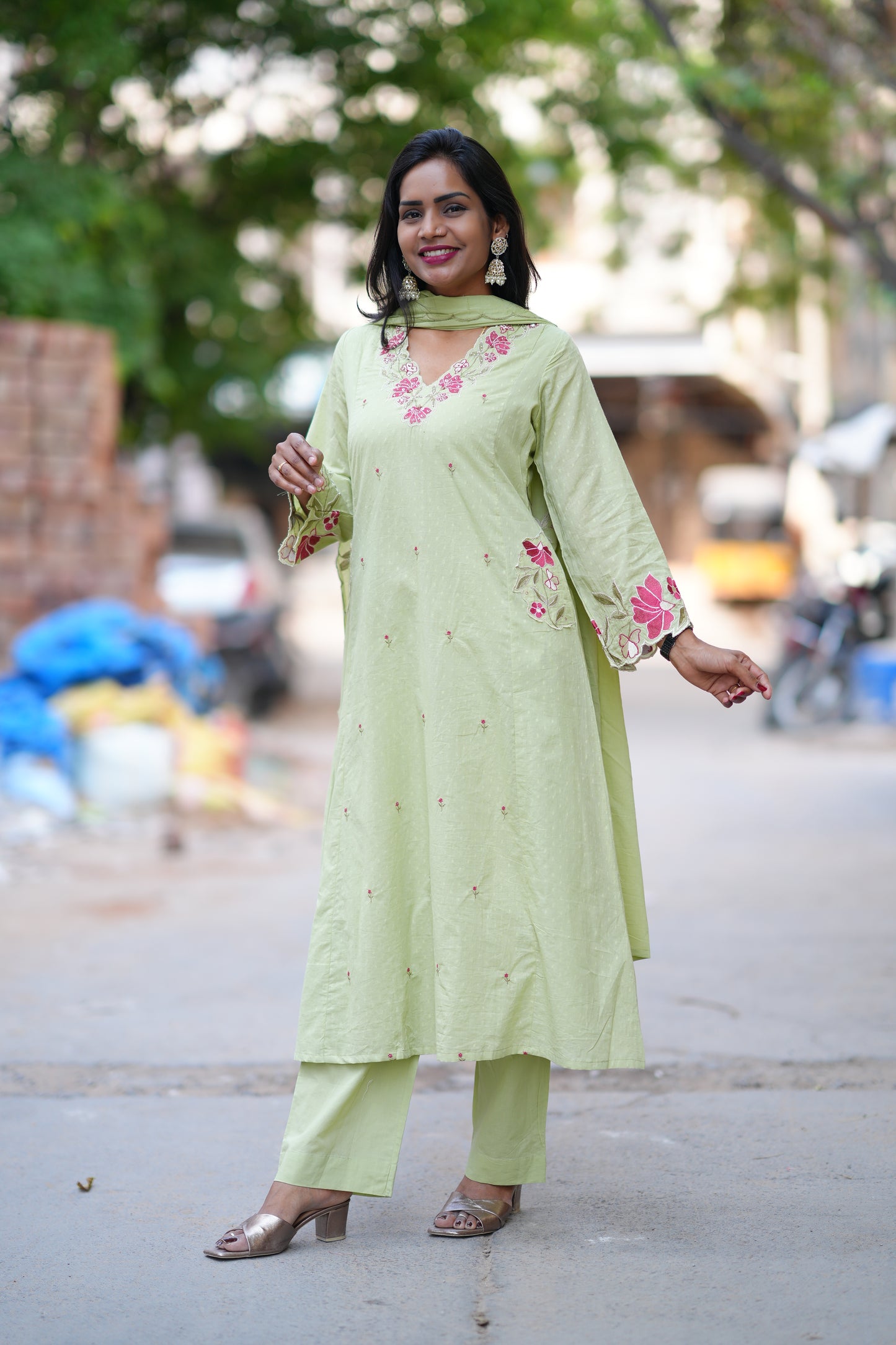 Pista Green Color Mul Cotton Party Wear 3 Piece Set